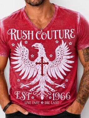 Rush Couture Men's Unisex V-neck Tee Shirt Red White Studded Size Large Graphic